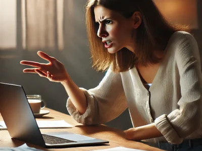 A_scene_of_a_woman_sitting_at_a_desk,_facing_a_com